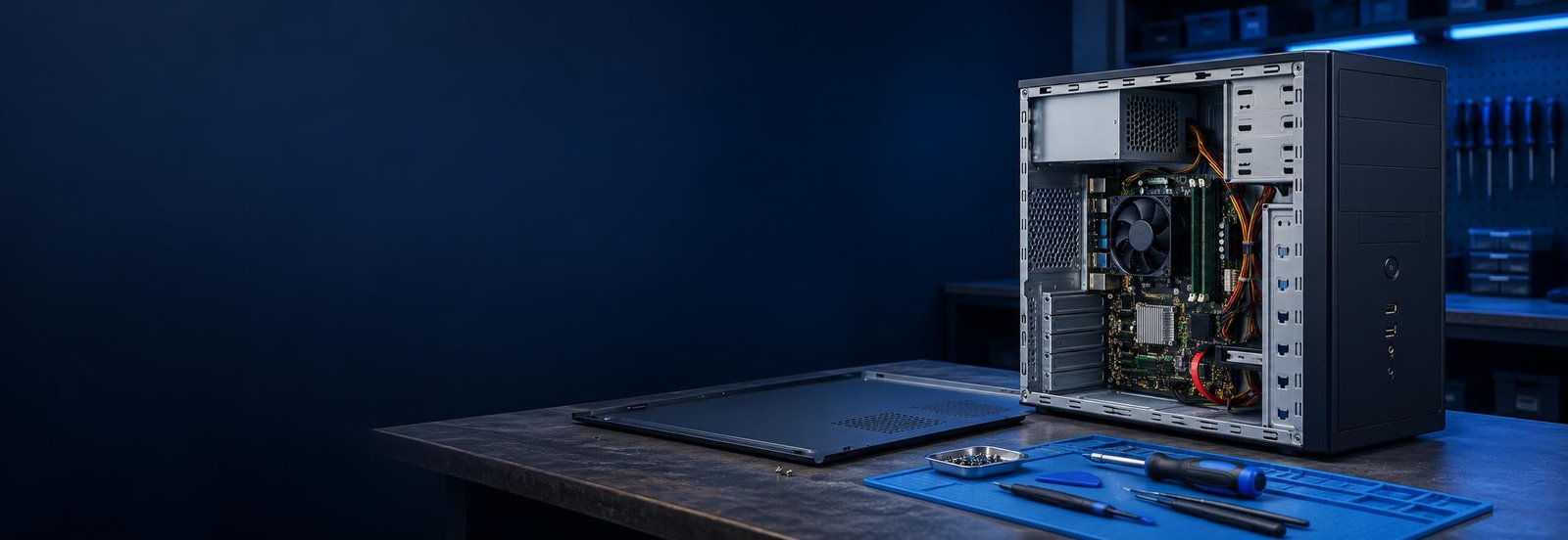Gabinete de computador aberto em uma bancada de manutenção