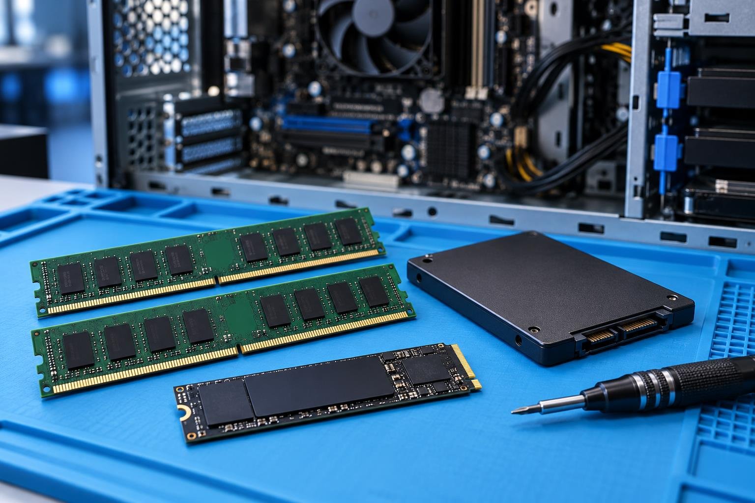 Memórias e unidades SSD em bancada de upgrade