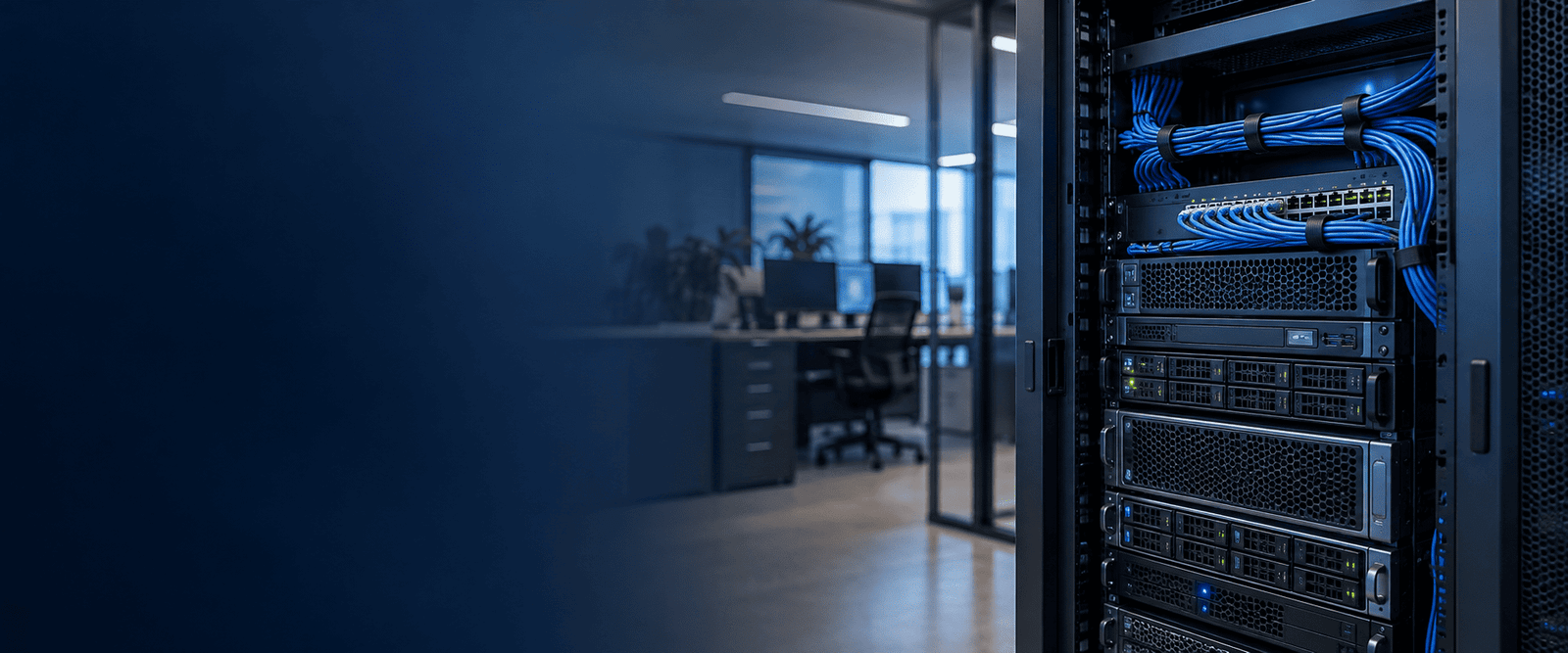 Rack de rede e servidores em ambiente empresarial