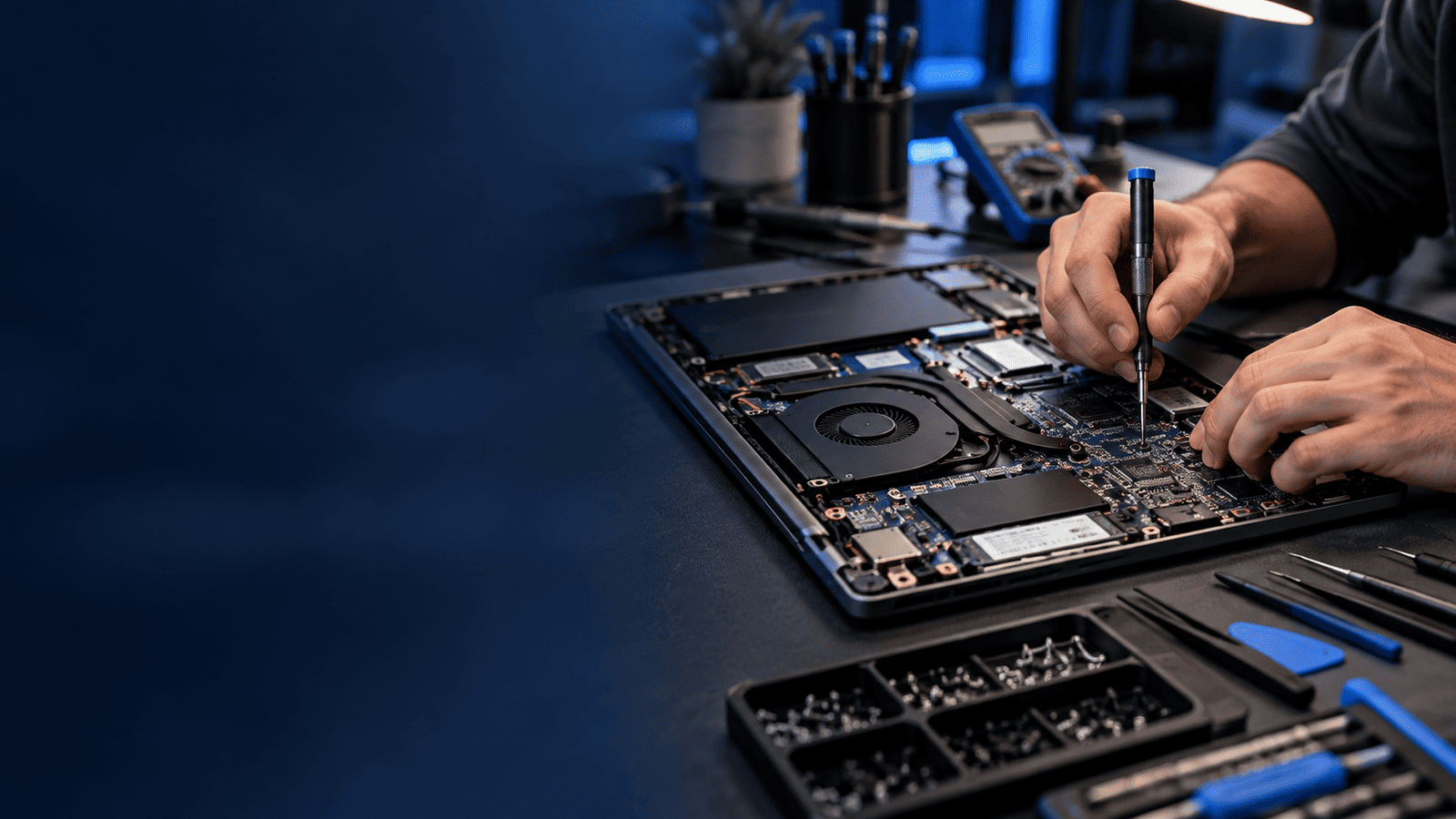 Notebook aberto em bancada de reparos